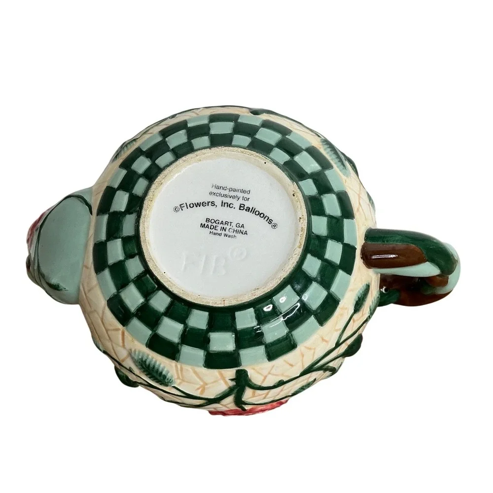 Flowers Inc Balloons Hand‎ Painted Ceramic Teapot Roses Green Aqua Brown Handle
